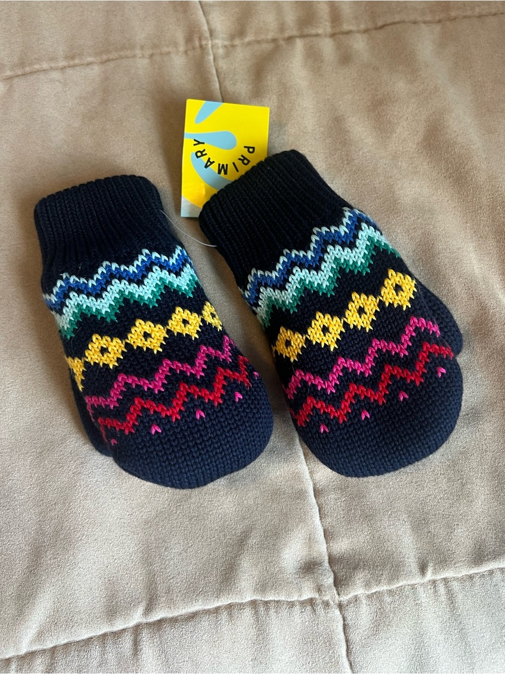Primary Navy Fair Isle Toddler Knit Mittens with Multicolor Chevron Stripes